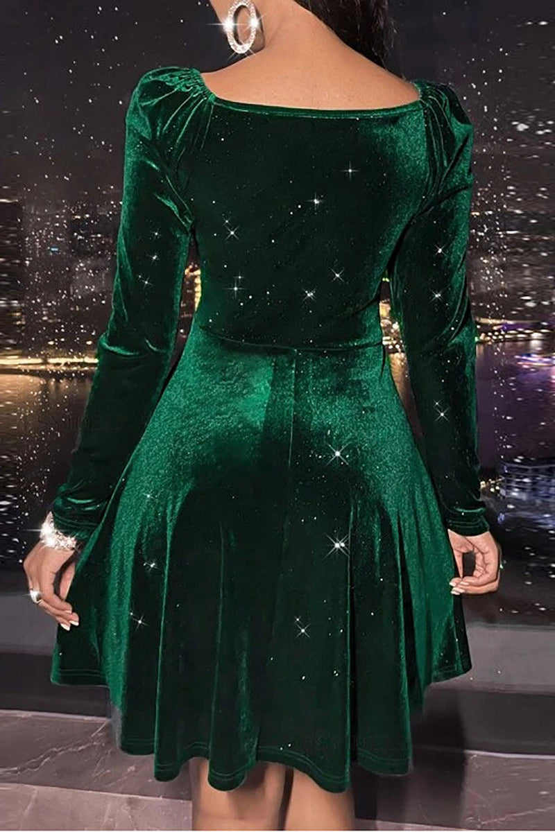 Load image into Gallery viewer, Green V-Neck Long Sleeves Velvet Christmas Dress