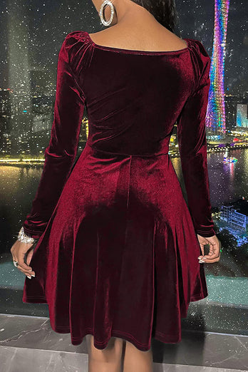 Green V-Neck Long Sleeves Velvet Christmas Dress