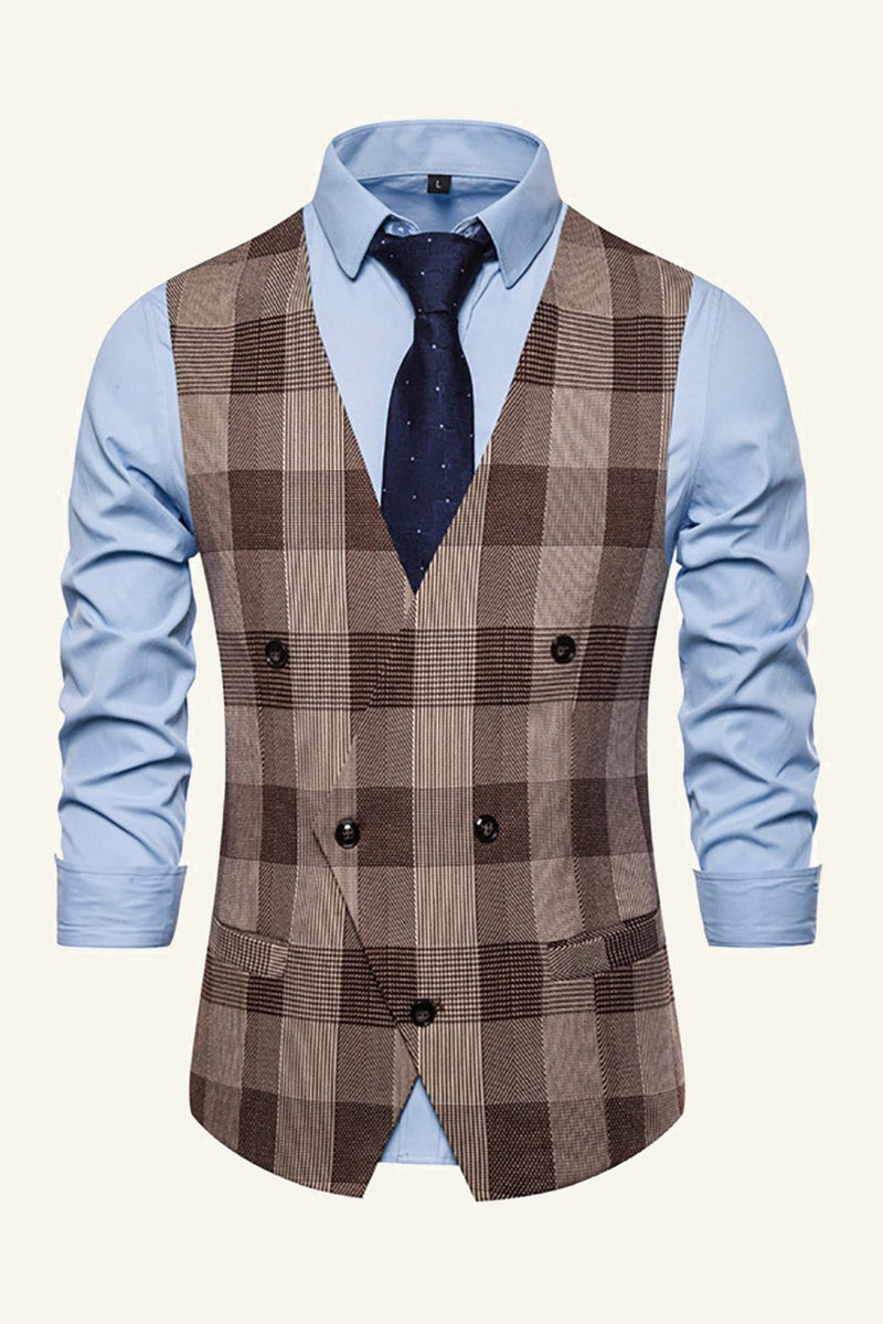 Load image into Gallery viewer, Lapel Brown Men&#39;s Check Vest