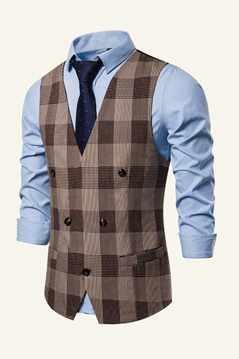 Lapel Brown Men's Check Vest