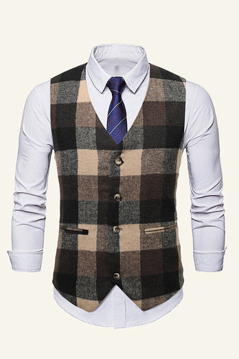 Lapel Brown Men's Suit Check Vest