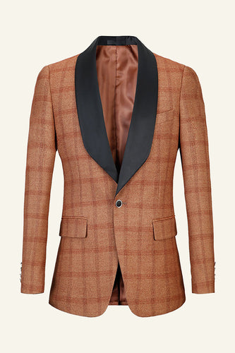 Brown Plaid Shawl Lapel Men Prom Blazer