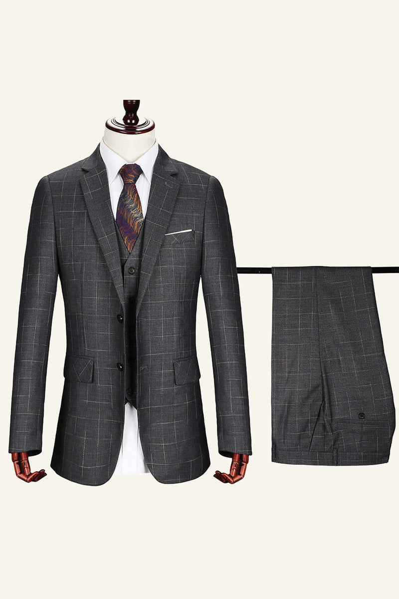 Load image into Gallery viewer, Burgundy Notched Lapel Plaid 3 Piece Men Suits