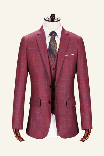 Burgundy Notched Lapel Plaid 3 Piece Men Suits