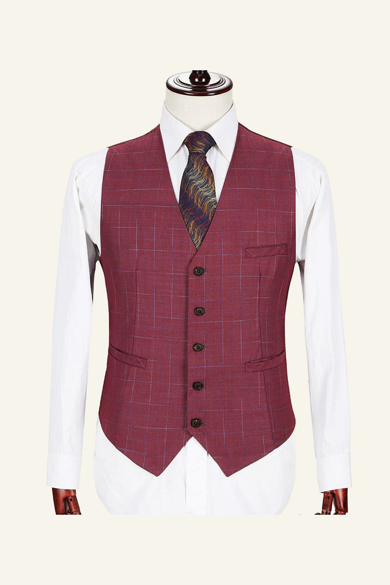 Load image into Gallery viewer, Burgundy Notched Lapel Plaid 3 Piece Men Suits