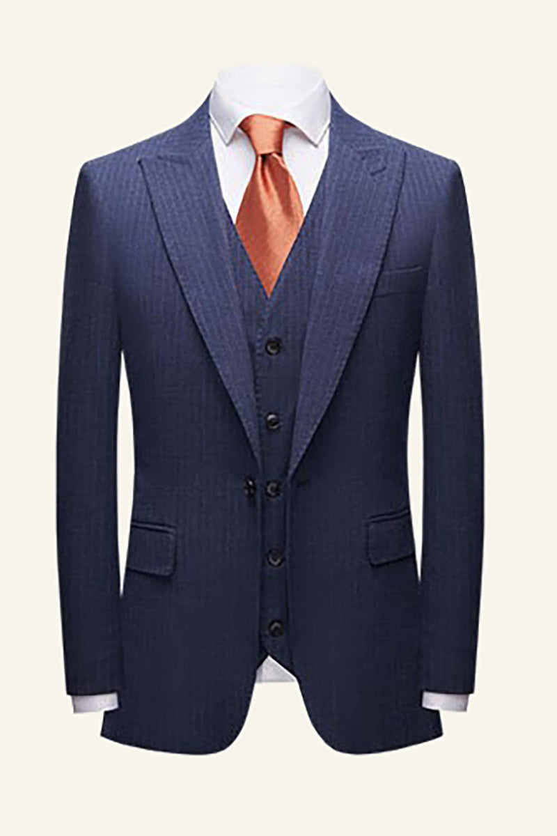 Load image into Gallery viewer, Dark Blue Pinstriped 3 Piece Men Wedding Suits