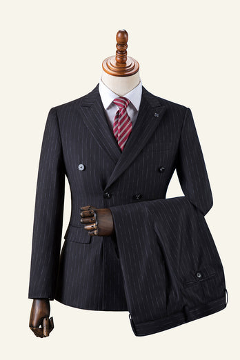 Black Striped Double-Breasted Peaked Lapel 3-Piece Men's Suit