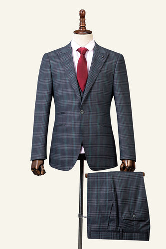 Grey Plaid 3-Piece Peaked Lapel Men's Suit