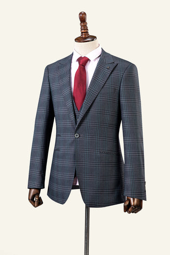 Grey Plaid 3-Piece Peaked Lapel Men's Suit