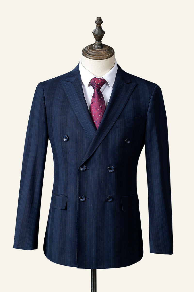 Load image into Gallery viewer, Dark Blue Pinstripe 3-Piece Double-Breasted Men&#39;s Suit