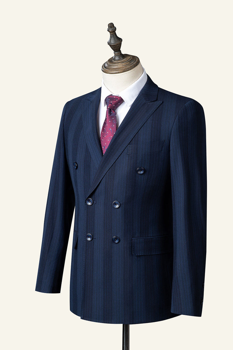 Load image into Gallery viewer, Dark Blue Pinstripe 3-Piece Double-Breasted Men&#39;s Suit