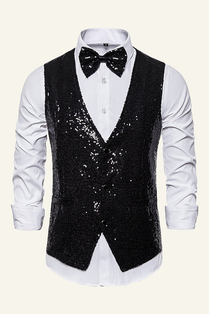 Load image into Gallery viewer, Sparkly Golden Lapel Sequins Men&#39;s Vest with Bow Tie