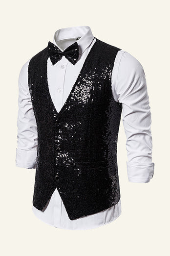 Sparkly Golden Lapel Sequins Men's Vest with Bow Tie