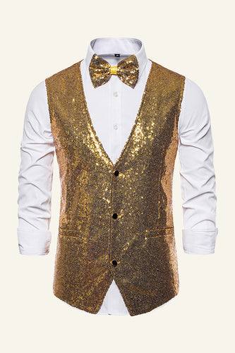 Sparkly Golden Lapel Sequins Men's Vest with Bow Tie