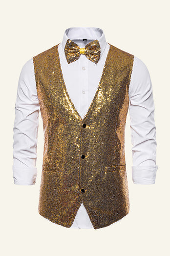 Sparkly Golden Lapel Sequins Men's Vest with Bow Tie