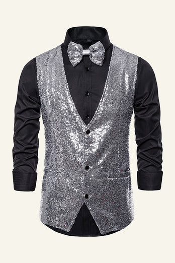 Sparkly Golden Lapel Sequins Men's Vest with Bow Tie