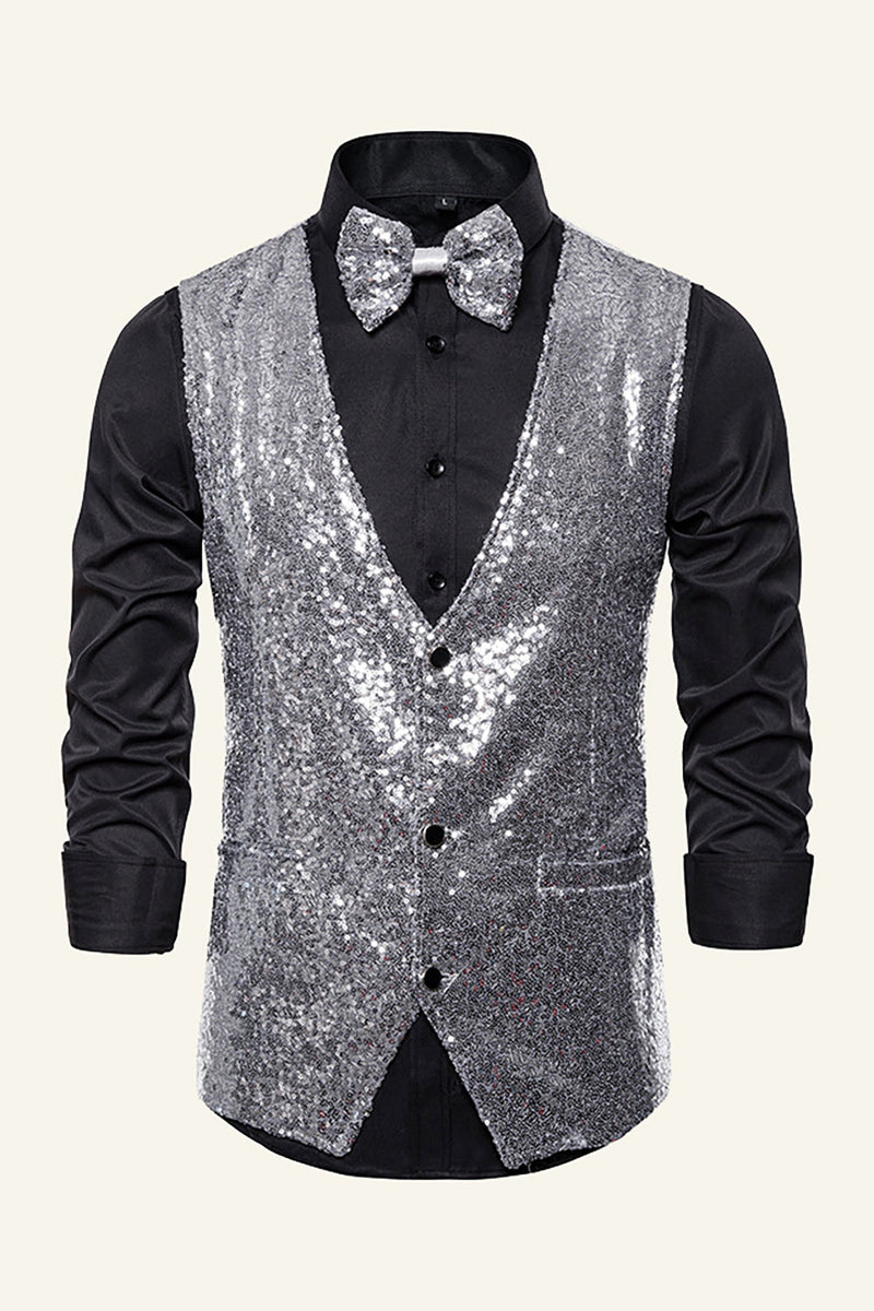 Load image into Gallery viewer, Sparkly Golden Lapel Sequins Men&#39;s Vest with Bow Tie