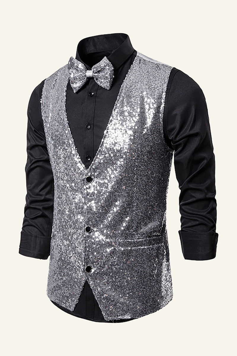 Load image into Gallery viewer, Sparkly Golden Lapel Sequins Men&#39;s Vest with Bow Tie