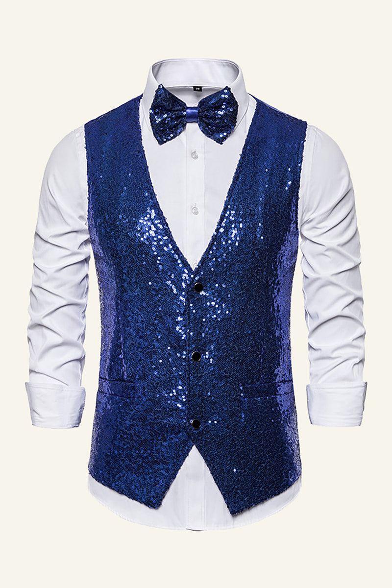 Load image into Gallery viewer, Sparkly Golden Lapel Sequins Men&#39;s Vest with Bow Tie