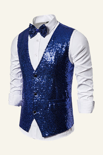 Sparkly Golden Lapel Sequins Men's Vest with Bow Tie