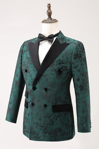 Dark Green Peak Lapel Double Breasted 2 Piece Jacquard Men's Prom Suits