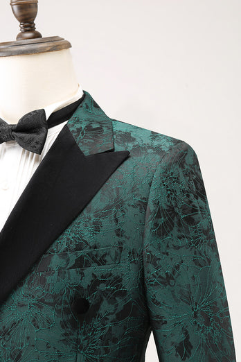 Dark Green Peak Lapel Double Breasted 2 Piece Jacquard Men's Prom Suits