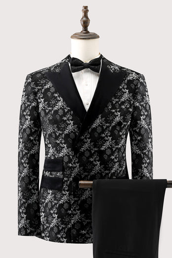 Black Peak Lapel 2 Piece Double Breasted Jacquard Men's Prom Suits