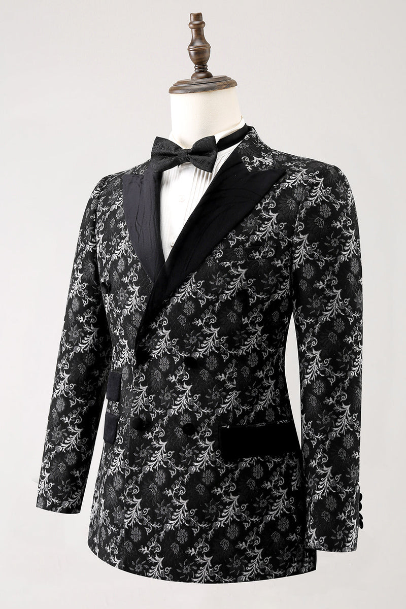 Load image into Gallery viewer, Black Peak Lapel 2 Piece Double Breasted Jacquard Men&#39;s Prom Suits