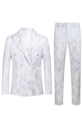 White Floral Jacquard Peak Lapel Men Prom Suits