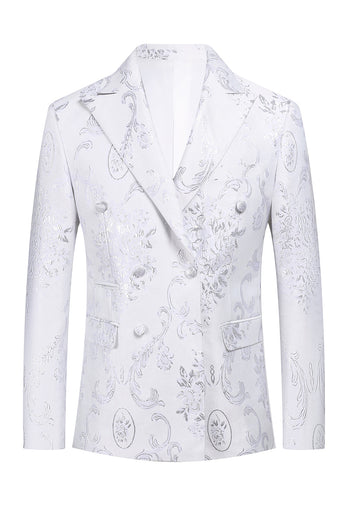 White Floral Jacquard Peak Lapel Men Prom Suits