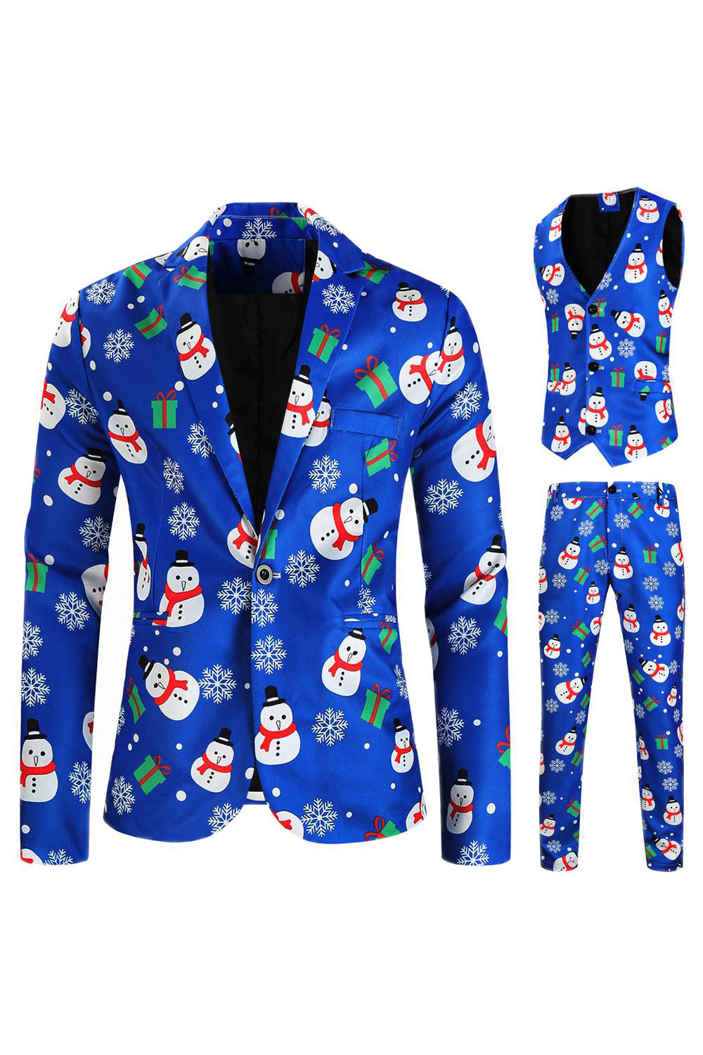 Blue Snowman Printed 3 Piece Men's Christmas Suits