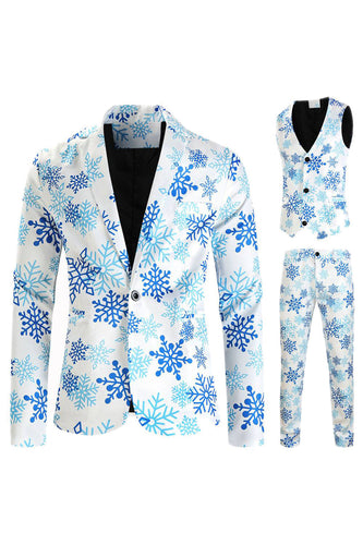 Light Blue Snowflake Printed 3 Piece Christmas Men's Suits