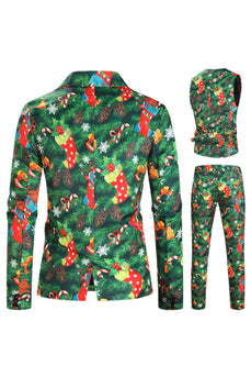 Green Printed 3 Piece Notched Lapel Christmas Men's Suits