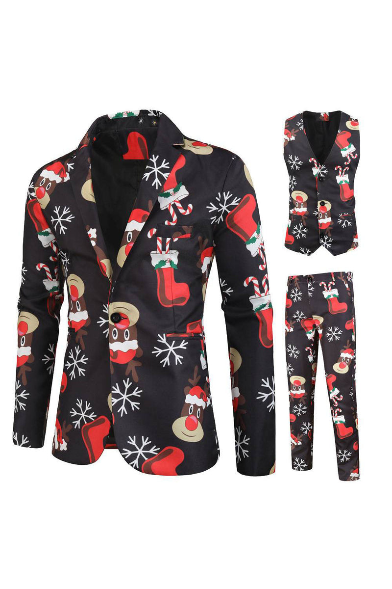 Load image into Gallery viewer, Black Printed 3 Piece Christmas Men&#39;s Suits