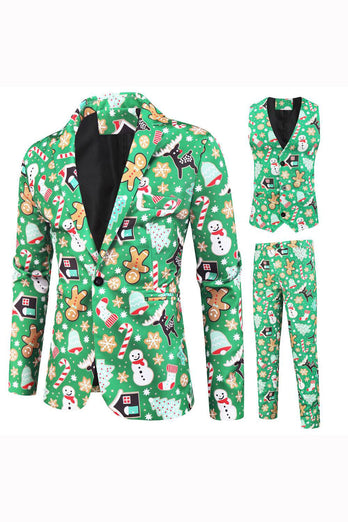 Green Notched Lapel Printed 3 Piece Christmas Men's Suits