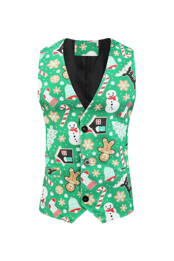 Green Notched Lapel Printed 3 Piece Christmas Men's Suits