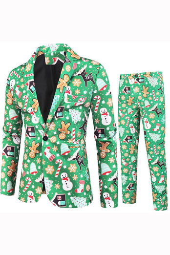 Green Notched Lapel Printed 3 Piece Christmas Men's Suits