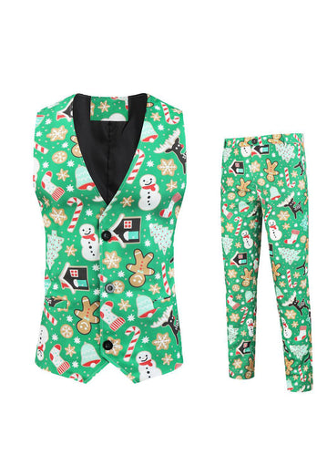 Green Notched Lapel Printed 3 Piece Christmas Men's Suits