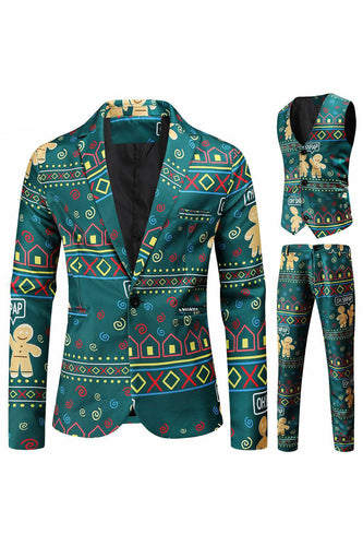 Dark Green Printed Notched Lapel 3 Piece Christmas Men's Suits