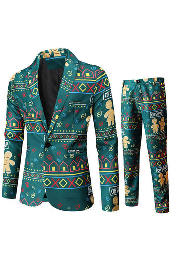 Dark Green Printed Notched Lapel 3 Piece Christmas Men's Suits