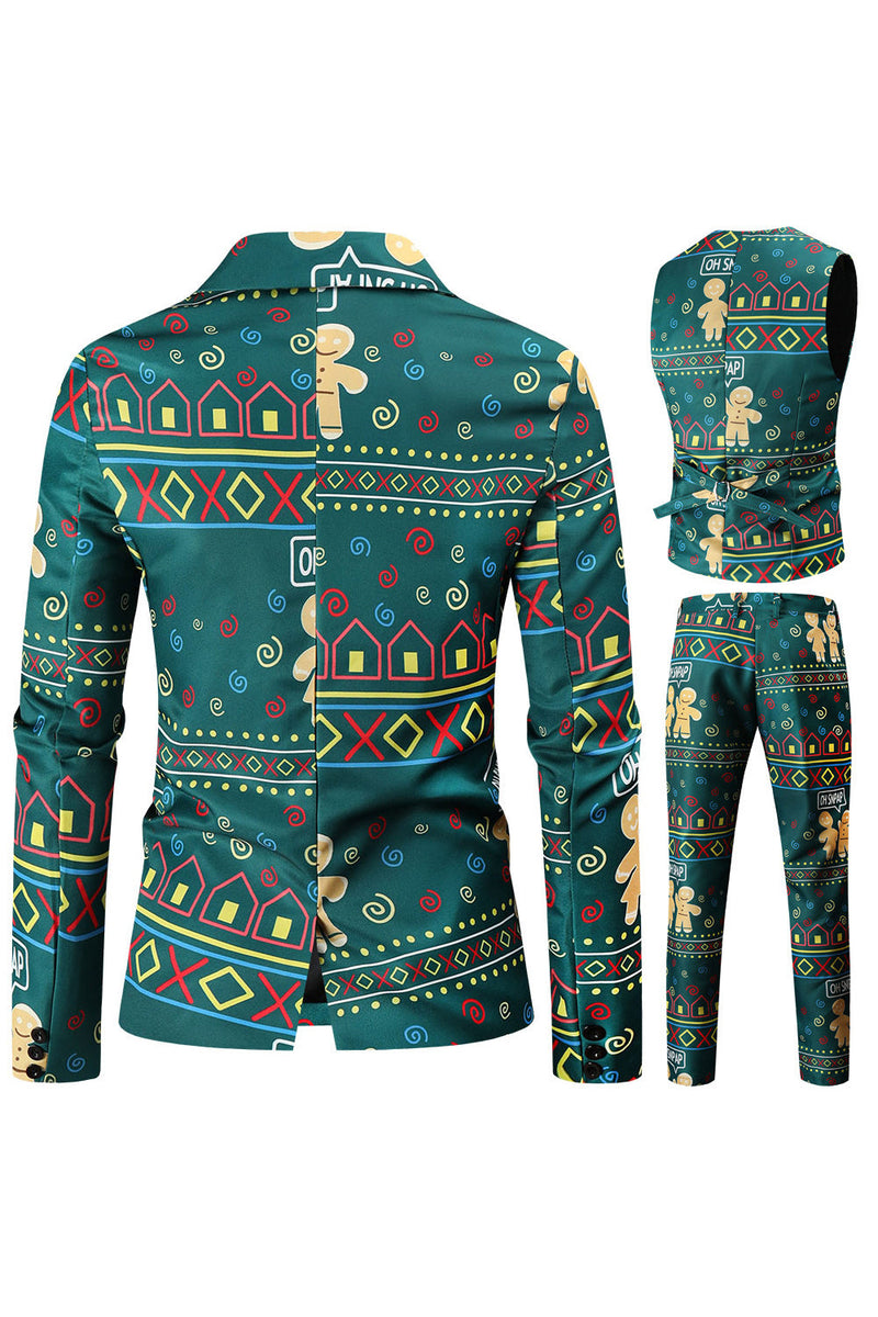 Load image into Gallery viewer, Dark Green Printed Notched Lapel 3 Piece Christmas Men&#39;s Suits