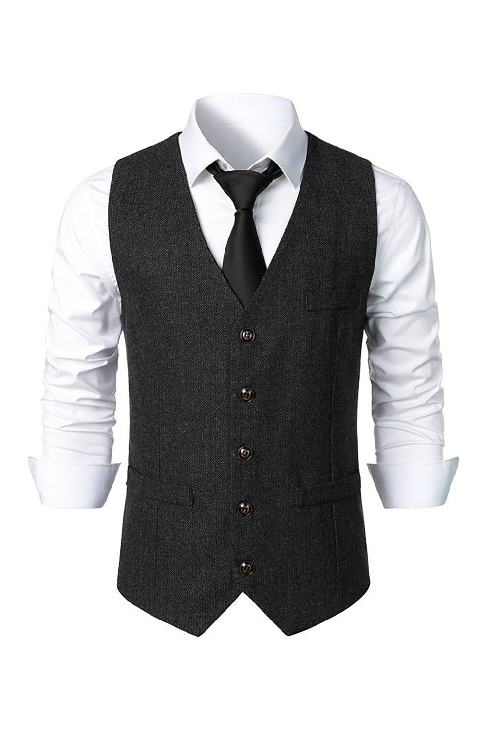 Black Single Breasted  V Neck Men's Retro Casual Vest