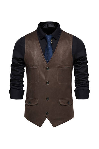 Brown V-Neck Suede Single-Breasted Men's Casual Vest