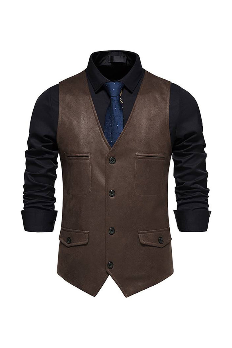 Load image into Gallery viewer, Brown V-Neck Suede Single-Breasted Men&#39;s Casual Vest