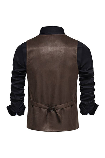 Brown V-Neck Suede Single-Breasted Men's Casual Vest