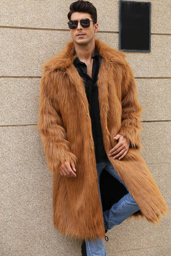 Brown Open Front Faux Fur Long Men Coat