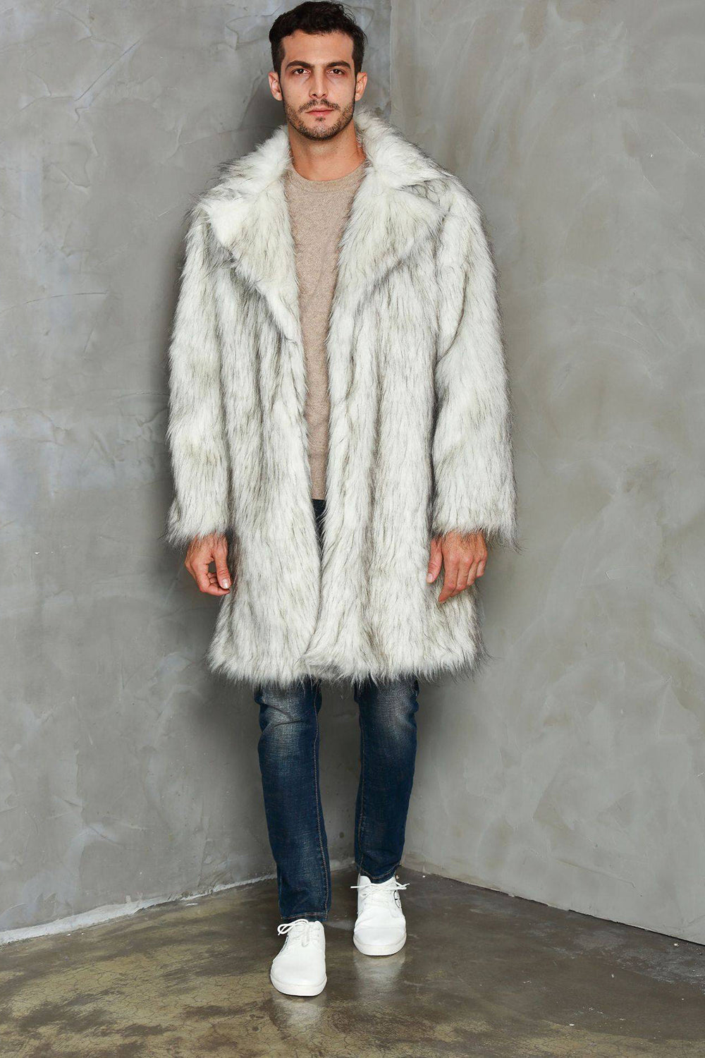 White Notched Lapel Long Faux Fur Men Coat