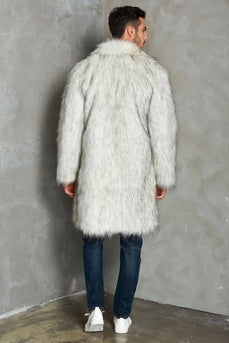 White Notched Lapel Long Faux Fur Men Coat