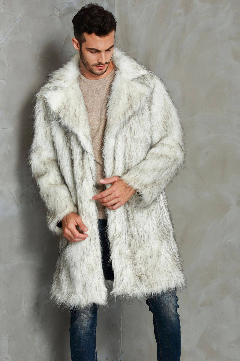 Load image into Gallery viewer, White Notched Lapel Long Faux Fur Men Coat