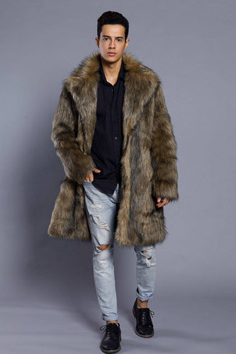 Brown Lapel Neck Long Men Faux Fur Coat